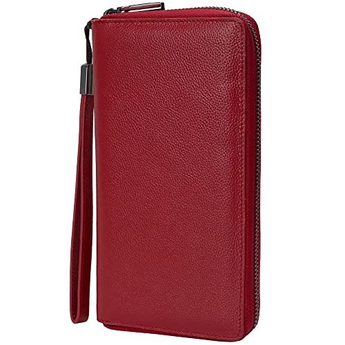 Bveyzi Kobiety RFID blokada portfel skórzany zamek błyskawiczny wokół sprzęgła podróżnego duża torebka na rękę, Vino Rojo, Grand