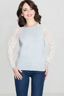 Bluzki damskie - Elegancka bluzka z koronką - Bluzka damska K329 Szaro-Biały S - miniaturka - grafika 1