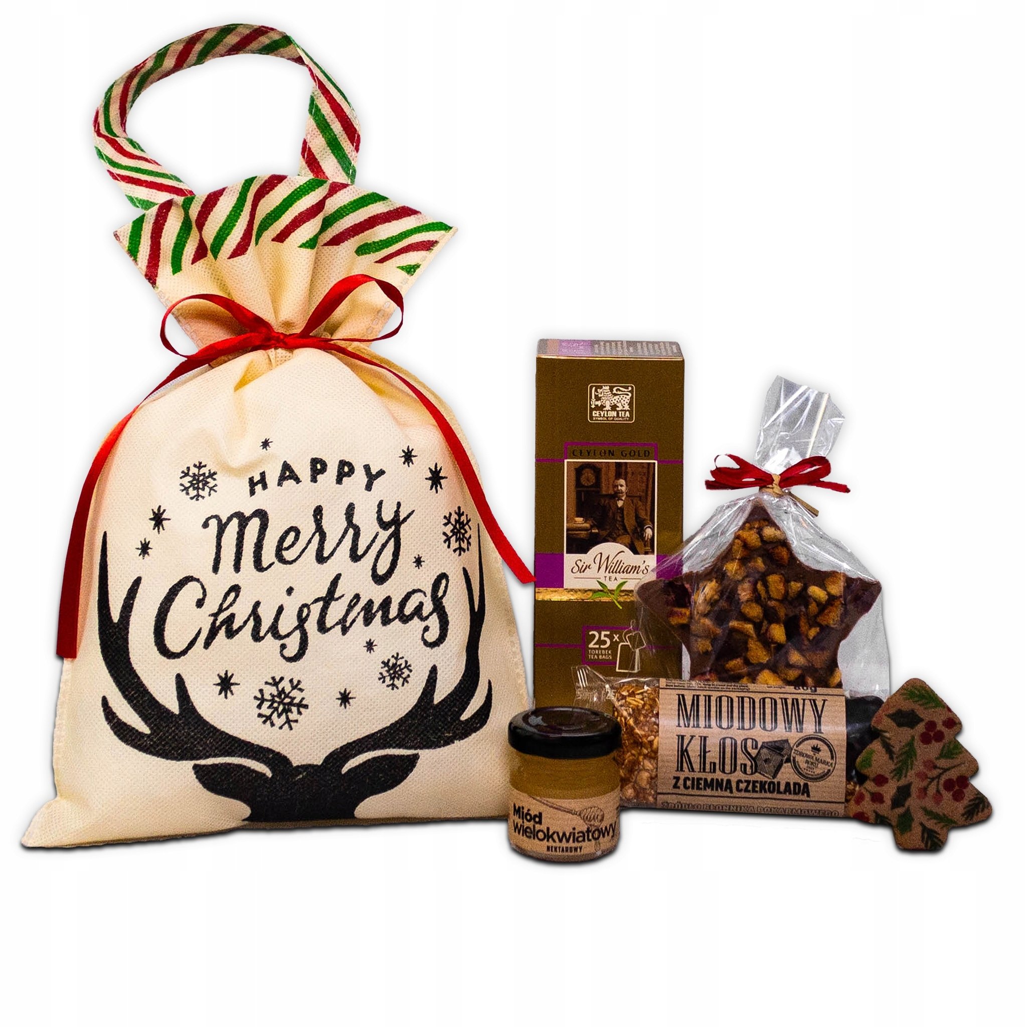 Zestaw prezentowy na Swięta w worku Herbata Czekolada Miód Baton Piernik