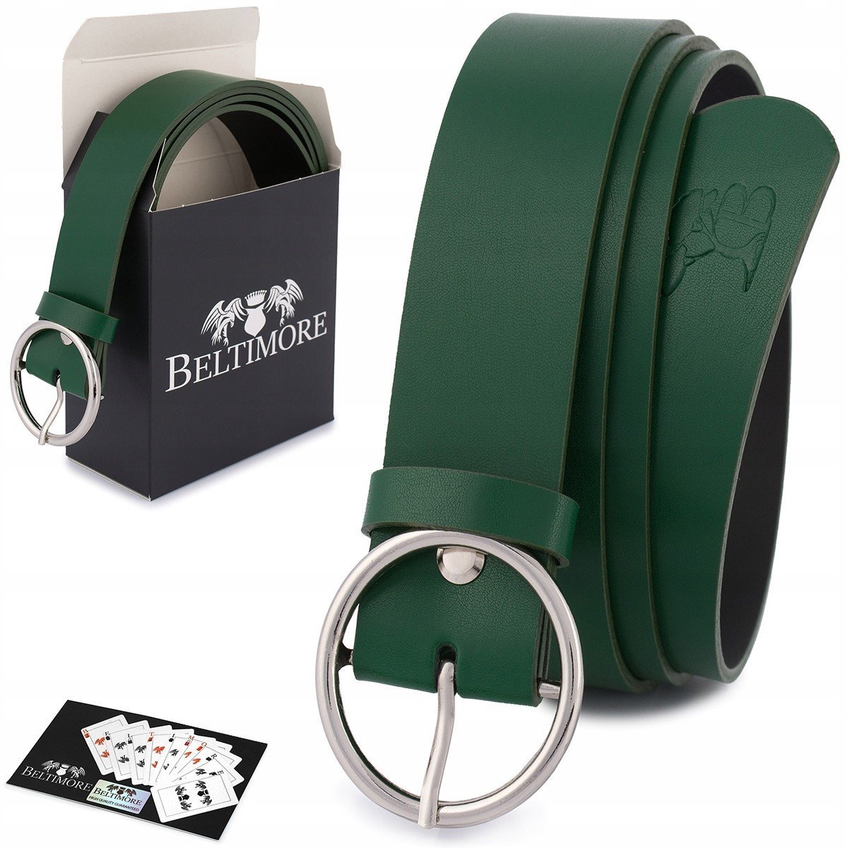 Skórzany pasek damski do spodni sukienki zielony skóra nat. 3,5 cm Beltimore B83 zielony r.110-125 cm