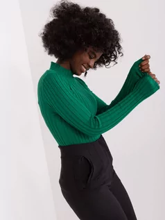 Swetry damskie - Sweter z golfem ciemny zielony casual klasyczny golf dekolt półgolf rękaw długi materiał prążkowany - grafika 1