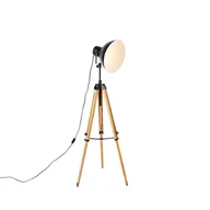 Lampy stojące - QAZQA Industrialna lampa podłogowa trójnóg czarna z drewnem - Mango - miniaturka - grafika 1