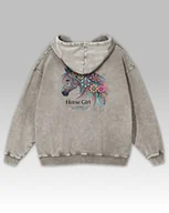Bluzy damskie - Bluza oversize z kapturem Horse Girl Kolorowy Koń Sprana Popielaty XL - miniaturka - grafika 1