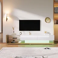 Szafki RTV - Fortuna Lai szafka RTV wysoki połysk niska, szafka RTV 170 cm z oświetleniem LED, z 2 szufladami, szklanymi przegrodami, półką, nowoczesne meble do salonu (naturalny biały) - miniaturka - grafika 1