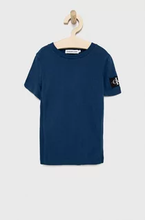 Koszulki dla dziewczynek - Calvin Klein Jeans T-shirt bawełniany dziecięcy kolor granatowy gładki - grafika 1