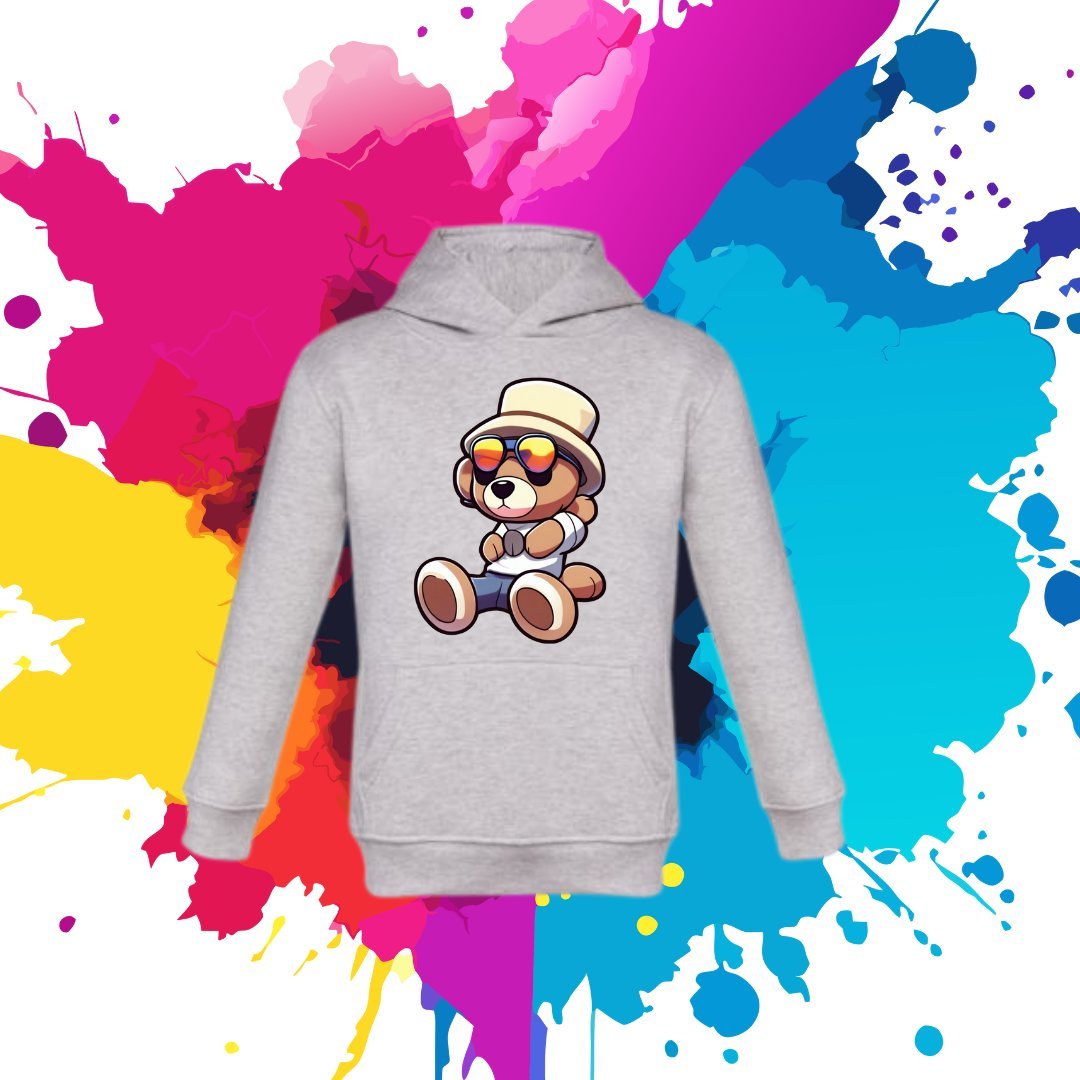 Bluza dziecięca typu kangurka z kapturem w kolorze jasnoszarym z nadrukiem miś Zdziś 2 lata