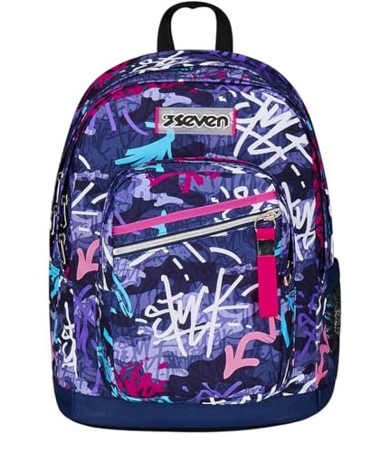 Seven Nowy Fit podwójny plecak, GraffitiMix, fioletowy, kieszeń na butelkę, maksymalna pojemność, wstępnie uformowane oparcie, plecak szkolny i podróżny, dla dzieci i młodzieży, Fioletowy, Taglia