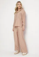 Komplety damskie - Beżowy Komplet z Luźną Koszulą z Haftem i Szerokimi Spodniami z Wiskozą Ivelabia - miniaturka - grafika 1