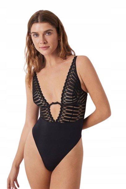 WOMEN'SECRET CZARNE BODY Z KORONKĄ I GŁĘBOKIM DEKOLTEM 70B J5B
