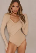 Body - Beżowe Eleganckie Body Longsleeve z Ozdobnym Marszczeniem Zimanya - miniaturka - grafika 1