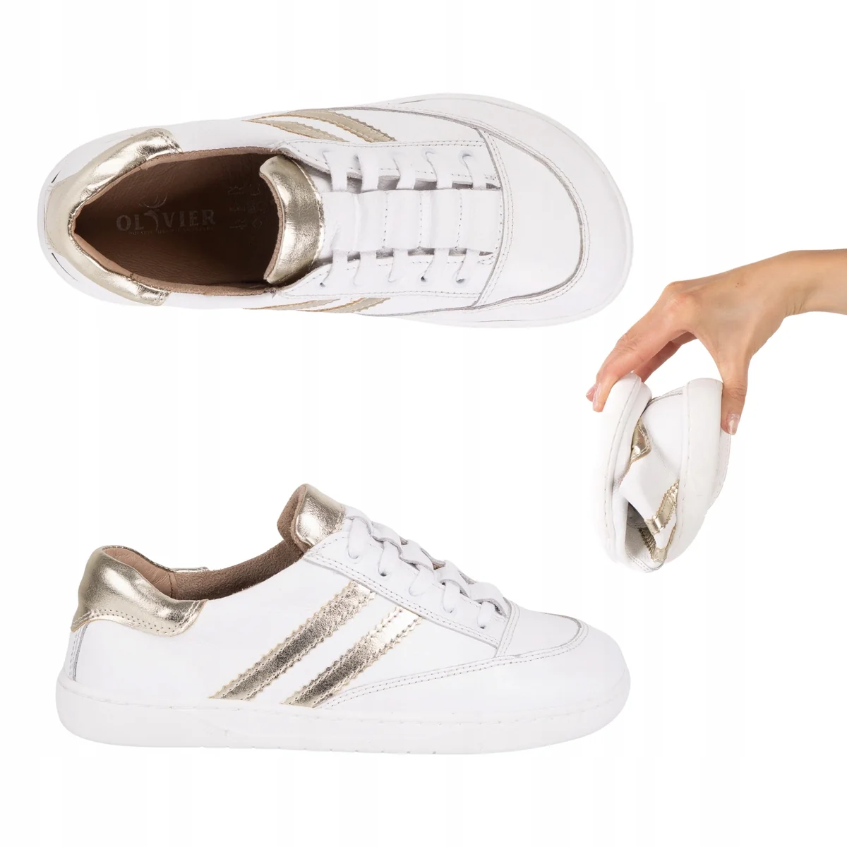 Sneakersy barefoot damskie Kaia Olivier anatomiczne buty skórzane białe 39 półbuty minimalistyczne, płaska podeszwa 0 cm, sznurowane