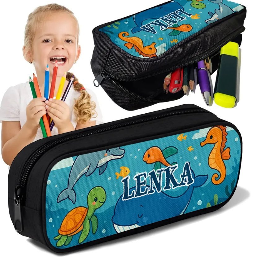 Piórnik TUBA + IMIĘ Zwierzęta Morskie Ocean Personalizowany Szkolny Prezent