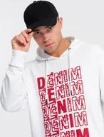 Bluzy męskie - Ombre Nierozpinana męska bluza kangurka z kapturem i nadrukiem - biała V3 OM-SSPS-0158 L - miniaturka - grafika 1