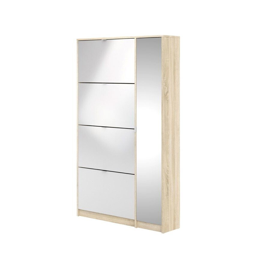 Shane szafka na buty 4 drzwi klapowych 2R, 1 drzwi z lustremReplika struktura dębu, wysoki połysk biały.