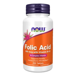 NOW Foods - Kwas Foliowy, 800 mcg z Witaminą B12, 250 tabletek - Witaminy i minerały - miniaturka - grafika 1