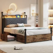 Meble do sypialni - Łóżko z baldachimem 90x190 cm - Oświetlenie LED + Port ładowania USB/Typ-C - 2 szuflady - Baldachim z żelaza - Zdejmowane słupki łóżka - Czarne - miniaturka - grafika 1