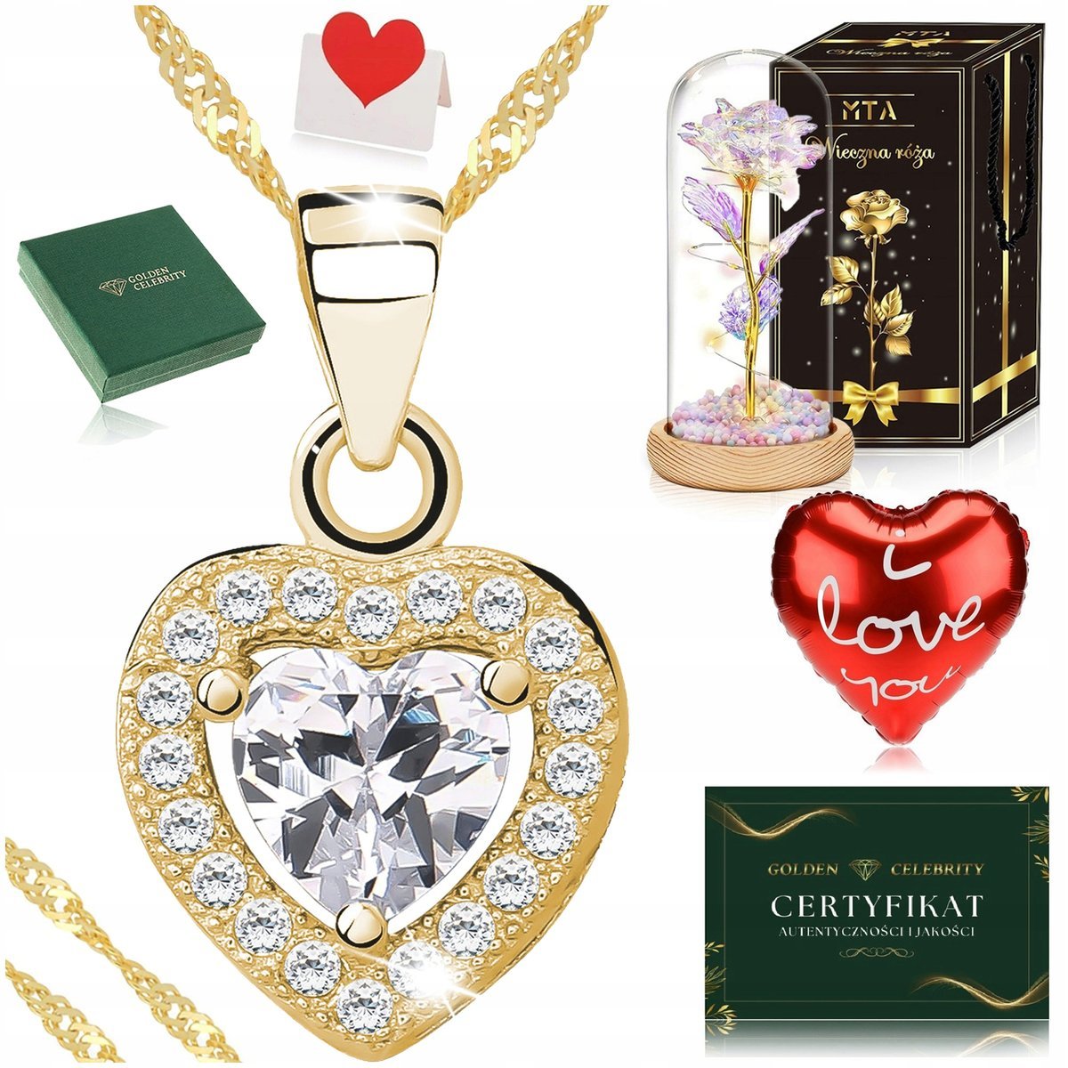 ZŁOTY NASZYJNIK SERCE SREBRO 925 + RÓŻA WIECZNA LED NA 18 20 30 40 URODZINY
