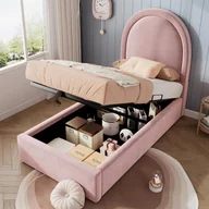 Łóżka dla dzieci i młodzieży - Nowoczesne łóżko dziecięce z praktycznym schowkiem, aksamitne, 90 x 190 cm, stabilny zagłówek i metalowa rama, lite drewno i płyta MDF - bez materaca - miniaturka - grafika 1