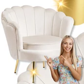 Fotele - Fotel Wypoczynkowy Muszelka Welur Salon Glamour Złote Nogi Krem Ecru Angel - miniaturka - grafika 1