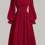 Sukienki - TEMU Jesienna Sukienka D2083 dla Kobiet – Elegancka A-Line z Rękawami, Kwadratowy Dekolt i Marszczenie, Dopasowany Pas, Jednokolorowa Czarna, Pranie - miniaturka - grafika 1