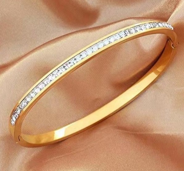 Złota Bransoletka Sztywna z Białymi Cyrkoniami Stal Szlachetna z Zapięciem
