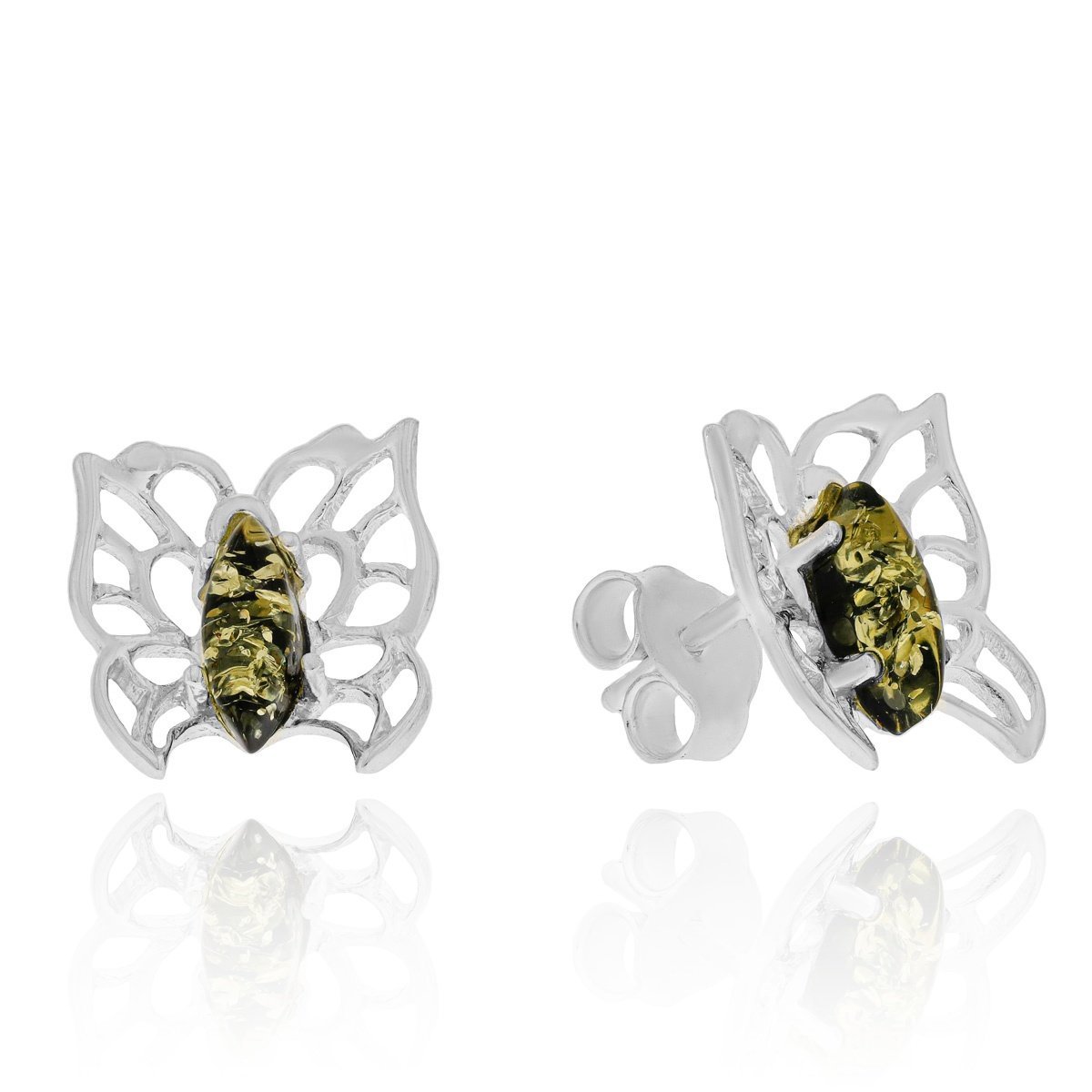 Srebrne kolczyki z bursztynem sztyft motyl pr. 925