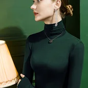 Bluzki damskie - TEMU Kobiecy Wysoki Kołnierz z Długim Rękawem - Dopasowany, Jednokolorowy Czarny, Elegancki Sweter na Jesień/Zimę, Uniwersalny Element Warstwowy, - miniaturka - grafika 1