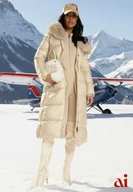 Kurtki damskie - Beżowa Puchowa Kurtka Pikowana o Długim Kroju z Kapturem z Futerkiem Bavea - miniaturka - grafika 1