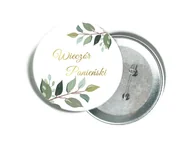 Gadżety dla niej i dla niego - Przypinka biała ze złotym napisem oraz liśćmi na Wieczór Panieński - miniaturka - grafika 1