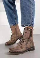 Botki damskie - Brązowe Botki Workery ze Sznurowaniem i Zapięciem na Suwak Vemida - miniaturka - grafika 1