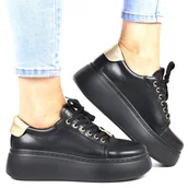 Półbuty damskie - DAMSKIE SNEAKERSY PÓŁBUTY ZE SKÓRY NA GRUBEJ PODESZWIE VINCEZA 66700 CZARNE - miniaturka - grafika 1