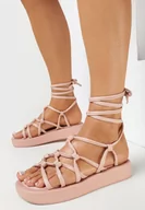 Sandały damskie - Różowe Płaskie Sandały z Wiązaniem przy Kostce Ozlana - miniaturka - grafika 1