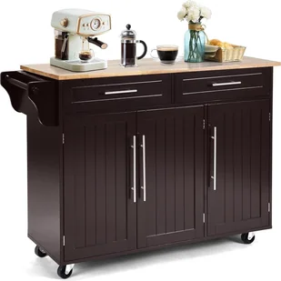 KOMFOTTEU Wózek kuchenny na kółkach, drewniany wózek do serwowania z blatem, wyspa kuchenna z szufladami, uchwytem na ręcznik i regulowanymi półkami, szafka kuchenna na kółkach 122X46X92 cm (brązowy) - Ręczniki - miniaturka - grafika 1