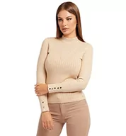 Bluzy damskie - Guess Damska bluza Ls Bettie Cable Mock, Foamy Taupe, L - miniaturka - grafika 1