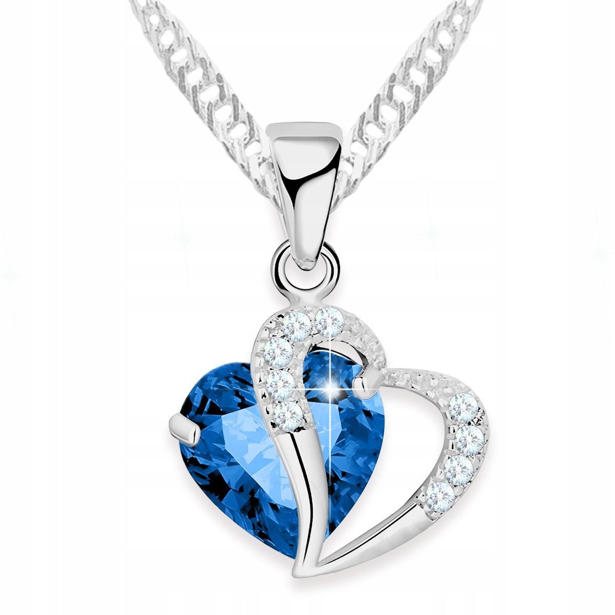 Naszyjnik Srebrny z Kryształem Niebieskim Cyrkonia Serce Love SREBRO 925
