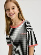 Koszulki dla dziewczynek - Reserved - T-shirt w paski z haftem - czarny - miniaturka - grafika 1