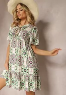 Sukienki - Zielona Sukienka z Wiskozowej Tkaniny w Mozaikowy Wzór Boho Naviera - miniaturka - grafika 1