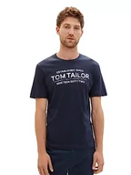 Koszulki męskie - TOM TAILOR Męski T-shirt z nadrukiem logo, 10302 – Dark Blue, S - miniaturka - grafika 1