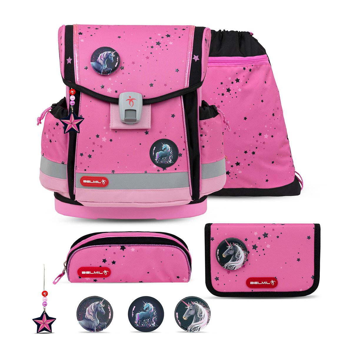 Zestaw tornistra szkolnego Belmil Classy Plus Pink Black, 4-częściowy