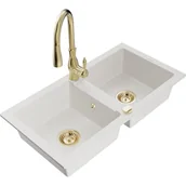 Zlewozmywaki z baterią - Mexen Mario zlewozmywak granitowy 2-komorowy z baterią kuchenną Savita, biały - miniaturka - grafika 1