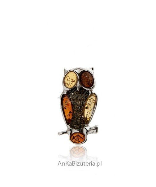 ankabizuteria.pl Broszka srebrna SOWA z kolorowym bursztynem bałtyck