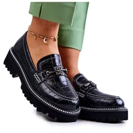 Półbuty damskie - S.Barski Skórzane Półbuty Wężowe Z Ozdobą Czarne Adison - miniaturka - grafika 1