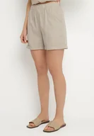 Spodenki damskie - Beżowe Klasyczne Szorty z Lnem z Gumką w Talii i Kieszeniami Filarenea - miniaturka - grafika 1