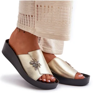 Eleganckie Klapki Damskie Z Ozdobą Skóra Naturalna S.Barski KV27-015 Złote złoty - Klapki i japonki damskie - miniaturka - grafika 1