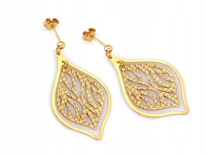 Kolczyki ze złota 585 wiszące duże ażurowe z diamentowaniem na sztyfcie 14k