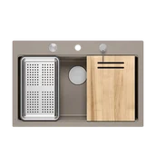 Baterie kuchenne - Zlewozmywak granitowy MARC 1-komorowy 76x50 cm szarobeżowy/soft taupe + elementy stal szlachetna - miniaturka - grafika 1