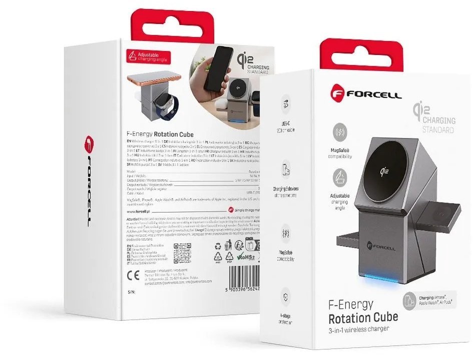 Ładowarka indukcyjna Forcell F-Energy 3w1 Rotation Cube Qi2 zgodna z MagSafe F-06 srebrna