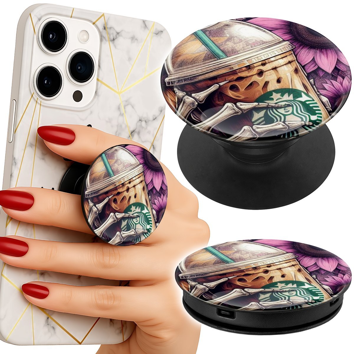 Uchwyt do telefonu Popsocket na palce/stojak KAWA KWIATY WZORY