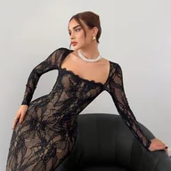 Sukienki - TEMU Elegancka Sukienka z Koronką dla Kobiet - Kwadratowy Dekolt, Długi Rękaw, Bodycon na Imprezę i Randkę z Rozcięciem Bocznym, Jednokolorowa, - miniaturka - grafika 1