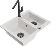 Zlewozmywaki z baterią - Mexen Carlos zlewozmywak granitowy 1,5-komorowy z baterią kuchenną Flora, biały - 6518-20-670401-70-B - miniaturka - grafika 1